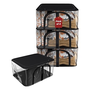 kuber industries pack of 4 pvc transparent 33l cloth organizer for wardrobe  storage bag for clothes large  dress organiser boxes for saree dresses bedsheet  storage box for clothes  black