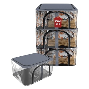 kuber industries pack of 4 pvc transparent 33l cloth organizer for wardrobe  storage bag for clothes large  dress organiser boxes for saree dresses bedsheet  storage box for clothes  grey