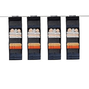 kuber industries pack of 4 shoe stoarge rack  4 shelf closet hanging organizer  foldable wardrobe storage for cloth toys  dress shelf for clothes with velcro  plain  black