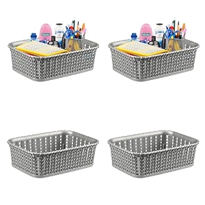 kuber industries pack of 4 small multi-purpose plastic basket for storage m15  spacious stationary amp jewellery holder  home organizers for kitchen bedroom amp dining table  light grey