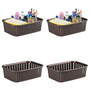 kuber industries pack of 4 small multi-purpose plastic basket for storage m15  spacious stationary amp jewellery holder  home organizers for kitchen bedroom amp dining table  brown