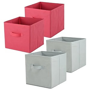 kuber industries pack of 4 square foldable amp multipurpose wardrobe storage organizer for home  11 inch portable cupboardcloset organiser storage box for clothes amp toys  pink amp grey
