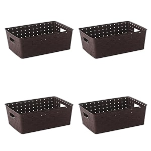 kuber industries pack of 4 stackable plastic 5 ltr storage box with lid  multi-purpose basket for storage amp home organizer for kitchen stationary medicine amp pooja item  cannes pattern - brown