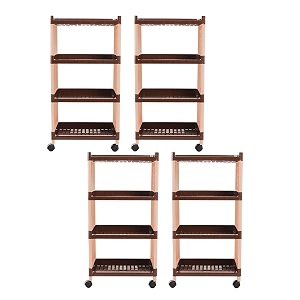 kuber industries pack of 4 storage rack with wheels  4-shelf storage organizer rack  multipurpose storage trolley rack for kitchen-home-office  vegetable storage trolley  brown