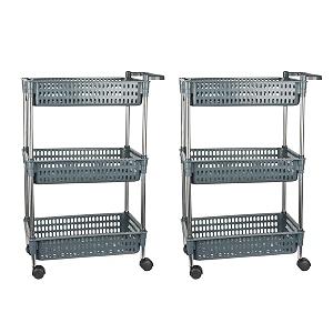 kuber industries pack of 2 storage rack with wheels  3-shelf storage organizer rack  multipurpose storage rack for kitchen-home-office  revolving vegetable storage trolley  grey