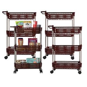 kuber industries plastic pack of 4 storage rack with wheels  3-layer storage organizer rack  storage rack for home amp office  kitchen spice rack  revolving vegetable rack  brown