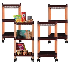 kuber industries storage rack with wheels  3-layer storage organizer rack  multipurpose storage trolley rack for kitchen-home-office  revolving vegetable storage trolley  brown