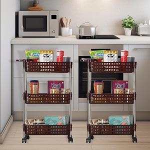 kuber industries pack of 2 storage rack with wheels  3-shelf storage organizer rack  multipurpose storage rack for kitchen-home-office  revolving vegetable storage trolley  brown