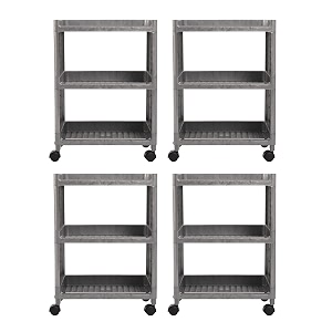 kuber industries pack of 4 storage rack with wheels  3-shelf storage organizer rack  multipurpose storage trolley rack for kitchen-home-office  vegetable storage trolley  grey