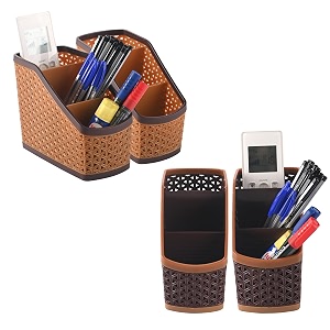 kuber industries pack of 4 stylish plastic 3-compartment pen holder for office table  durable pen stand for study table - versatile stationery organizer for home school amp office use  brown