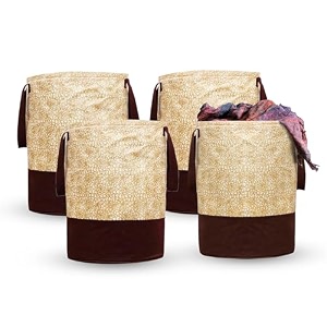 kuber industries pack of 4 waterproof canvas laundry baghampermetalic printed with handlesfoldable bin amp 45 liter capicitysize 37 x 37 x 46 brown