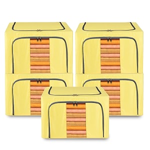 kuber industries pack of 5 clothes storage box  24 liter steel frame wardrobe organizer  waterproof storage box for saree-shirts amp blankets  foldable parachute underbed storage bag  yellow