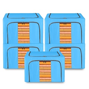 kuber industries pack of 5 clothes storage box  24 liter steel frame wardrobe organizer  waterproof storage box for saree-shirts amp blankets  foldable parachute underbed storage bag  sky blue