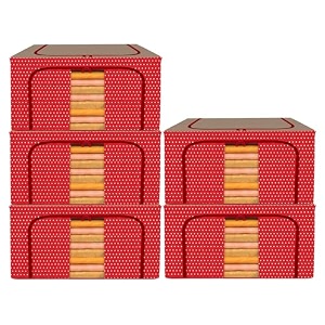 kuber industries pack of 5 clothes storage box  44 liter foldable steel frame clothes organizer  storage bag  storage box for wardrobe-saree-shirts and blankets  dot print  red amp brown