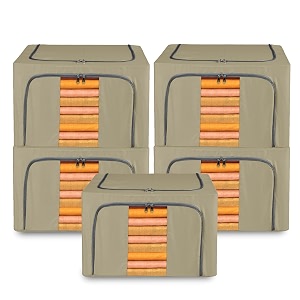 kuber industries pack of 5 clothes storage box  66 ltr  steel frame wardrobe organizer  waterproof storage box for saree-shirts amp blankets  foldable parachute underbed storage bag  brown