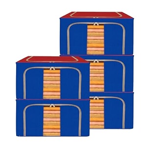 kuber industries 88 liter clothes storage box  foldable steel frame clothes organizer  storage box for wardrobe-saree-shirts and blankets  underbed storage bag  dot print  royal blue