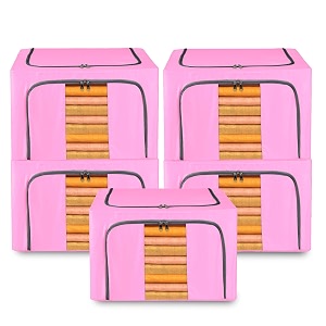 kuber industries pack of 5 clothes storage box  24 liter steel frame wardrobe organizer  waterproof storage box for saree-shirts amp blankets  foldable parachute underbed storage bag  pink