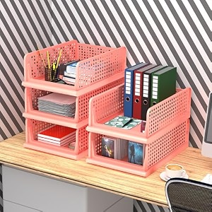 kuber industries pack of 5 desk stationary organizer  foldable office desk organizers  drawers for dressing table  storage bins for kitchen bathroom  coral pink