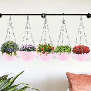 kuber industries pack of 5 hanging flower pot  hanging flower pot for living room  planters for home-lawns amp gardening  flower planter for balcony  marble euro  7 inch  pink