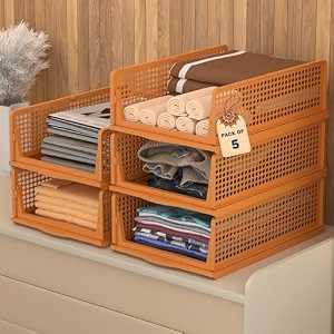 kuber industries 2 pcs plastic stackable cloth organizer for storage  foldable clothes rack for wardrobe  almirah amp cupboard organizer for shirts t-shirts dresses jeans amp pants  brown