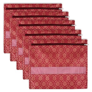 kuber industries pack of 5 single saree bags  clothes bags for storage  non-woven wardrobe organizer  mesh window cloth storage bags set  single packing saree bags  golden-print  maroon