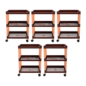 kuber industries pack of 5 storage rack with wheels  3-shelf storage organizer rack  multipurpose storage trolley rack for kitchen-home-office  vegetable storage trolley  brown