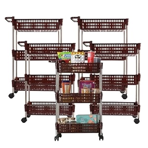 kuber industries pack of 5 storage rack with wheels  3-layer storage organizer rack  revolving vegetable rack  multipurpose storage rack for home amp office  kitchen spice rack  brown