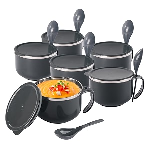 kuber industries pack of 6 airtight-lid 600ml stainless steel soup bowl with spoon amp holder  leakproof food container for noodles pasta amp milk  maggie bowl amp souptok for eating  grey