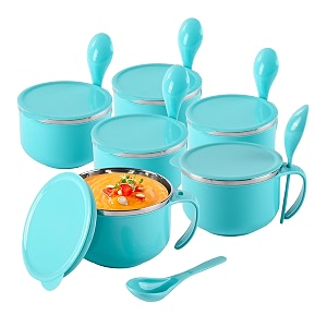 kuber industries pack of 6 airtight-lid 600ml stainless steel soup bowl with spoon amp holder  leakproof food container for noodles pasta amp milk  maggie bowl amp souptok for eating  blue