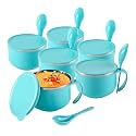 Kuber Industries Pack of 6 Airtight-Lid 600ml Stainless Steel Soup Bowl with Spoon &amp; Holder | Leakproof Food Container for Noodles Pasta &amp; Milk | Maggie Bowl &amp; Souptok for Eating | Blue