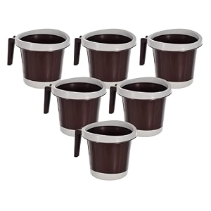 kuber industries 6 pcs plastic 1 ltr spacious mug for bathing  strong amp lightweight bath mug with easy-grip handle  ideal for washroom accessories  brown