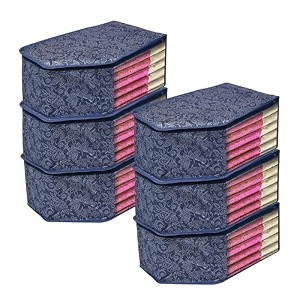 kuber industries pack of 3 blouse cover  flower-printed  clothes storage bag  wardrobe organiser with zipper  side transparent blouse organizer  blouse protector bag  navy blue