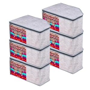 kuber industries pack of 6 blouse cover  jute-printed  clothes storage bag  wardrobe organiser with zipper  side transparent blouse organizer  blouse protector bag  grey