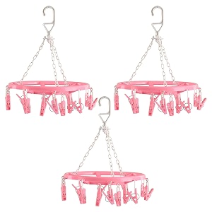kuber industries pack of 3 cloth drying hanger  16 clips baby drying pegs  360 degree rotatable hanger  clip stand for cloth  round cloth drying stand  pink