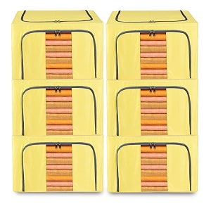 kuber industries pack of 6 clothes storage box  24 liter foldable parachute steel frame wardrobe organizer  waterproof storage box for saree-shirts amp blankets  underbed storage bag  yellow