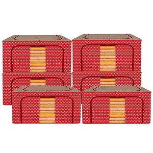 kuber industries pack of 6 clothes storage box  44 liter foldable steel frame clothes organizer  storage box for wardrobe-saree-shirts and blankets  storage bag  dot print  red amp brown