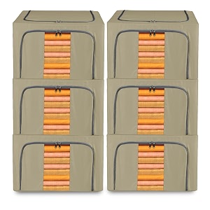 kuber industries pack of 6 clothes storage box  66 ltr  waterproof storage box for saree-shirts amp blankets  foldable parachute steel frame wardrobe organizer  underbed storage bag  brown