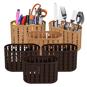 kuber industries pack of 6 cutlery holder  kitchen organizer with 3 compartments  stationery organizer  dining tableware stand  multipurpose desk organizer box  sunny  beige amp brown