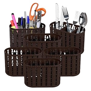 kuber industries pack of 6 cutlery holder  kitchen organizer with 3 compartments  stationery organizer  dining tableware stand  multipurpose desk organizer box  sunny  brown