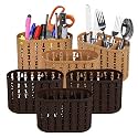 Kuber Industries Pack of 6 Cutlery Holder | Kitchen Organizer with 3 Compartments | Stationery Organizer | Dining Tableware Stand | Multipurpose Desk Organizer Box | Sunny | Beige &amp; Brown