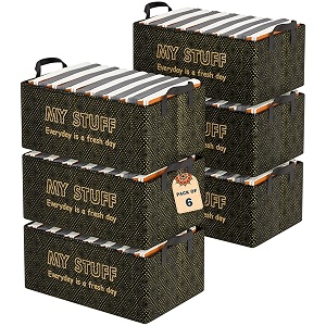 kuber industries pack of 6 foldable non-woven storage box for clothes  dress amp towel organiser for wardrobe  collapsible container basket - black