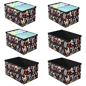 kuber industries pack of 6 foldable storage organiser  disney mickey print storage box for books amp toys  cloth organizer for wardrobe  cupboard drawer organizer  black