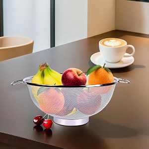 kuber industries fruit basket  stainless steel vegetables strainer  multipurpose fruit basket  colander basket for pasta-noodles-grains  mesh basket with handle  9 inch  silver