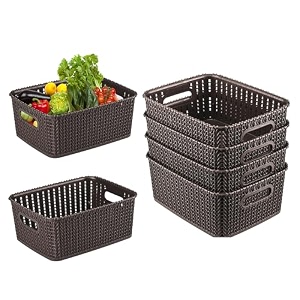 kuber industries pack of 6 multi-purpose 6 ltr plastic basket for storage m20  spacious pooja item holder amp fruit tokari  aesthetic home organizers for kitchen amp bedroom  dark brown