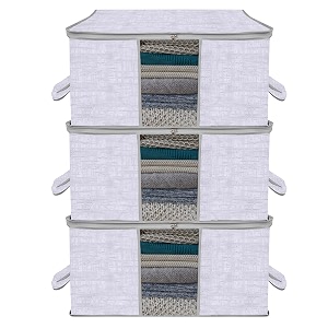 kuber industries pack of 3 non woven underbed storage organizer  storage bags for clothes blanket  clothes storage bag for with handle amp visible window  jute printed - grey