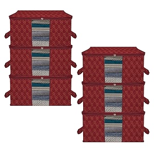 kuber industries pack of 6 non woven underbed storage organizer  storage bags for clothes blanket  clothes storage bag for with handle amp visible window  golden printed - maroon