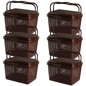 kuber industries pack of 6 picnic basket with lid and handle  food basket for travelling  plastic storage basket  shopping basket  small  brown