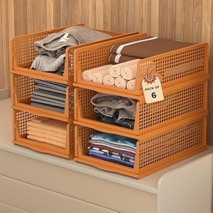 kuber industries pack of 6 plastic stackable cloth organizer for storage  foldable clothes rack for wardrobe  almirah amp cupboard organizer for shirts t-shirts dresses jeans amp pants  brown