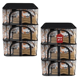 kuber industries pack of 6 pvc transparent 33l cloth organizer for wardrobe  storage bag for clothes large  dress organiser boxes for saree dresses bedsheet  storage box for clothes  black