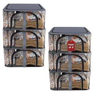 kuber industries pack of 6 pvc transparent 33l cloth organizer for wardrobe  storage bag for clothes large  dress organiser boxes for saree dresses bedsheet  storage box for clothes  grey